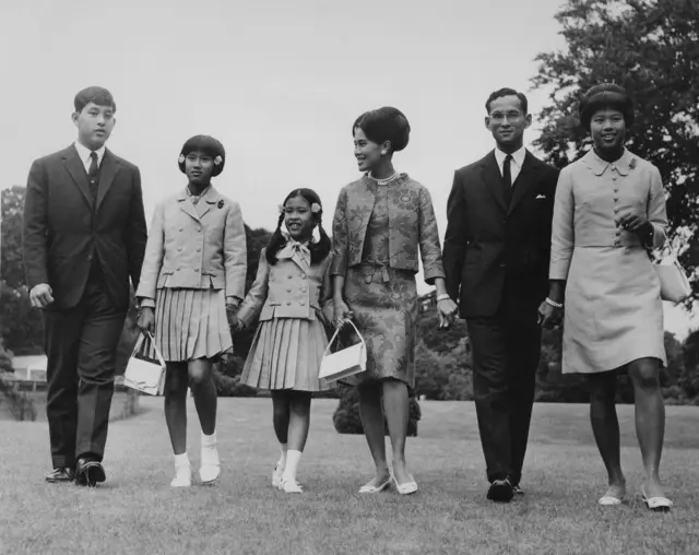King Bhumibol and Queen Sirikit of Thailand with their children at King's Beeches, their private residence in Sunninghill, Berkshire, 27th July 1966.