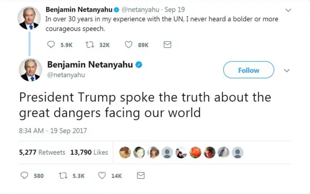 Prime Minister Benjamin Netanyahu of Israel, wey clap for Mr. Trump speech about Iran, praise am well-well wen e reach e turn to speak