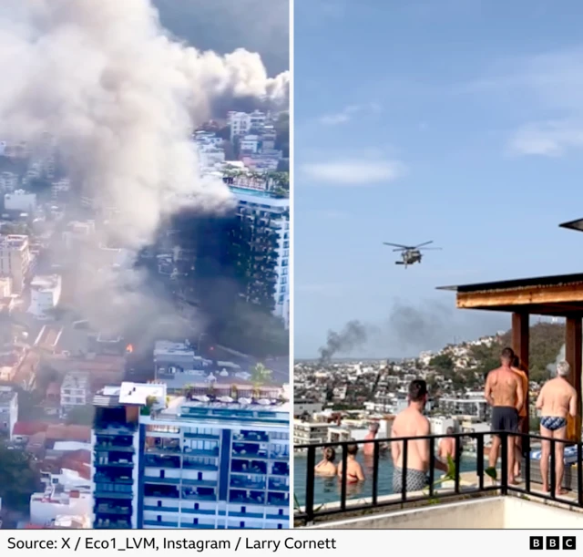 Smoke seen rising from buildings in Puerto Vallarta in the image on the left and tourists watching from a pool as smoke rises in the distance and a helicopter flies low over hotels in the image on the right
