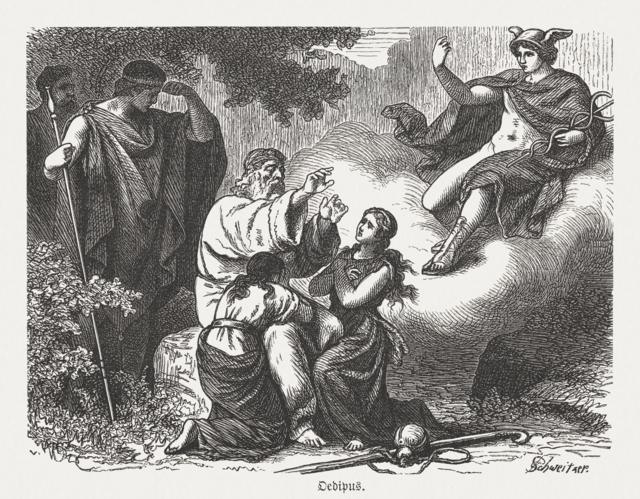 A morte de Édipo. Hermes conduz a alma de Édipo ao reino dos mortos. Cena da mitologia grega. Gravura em madeira, publicada em 1880.
