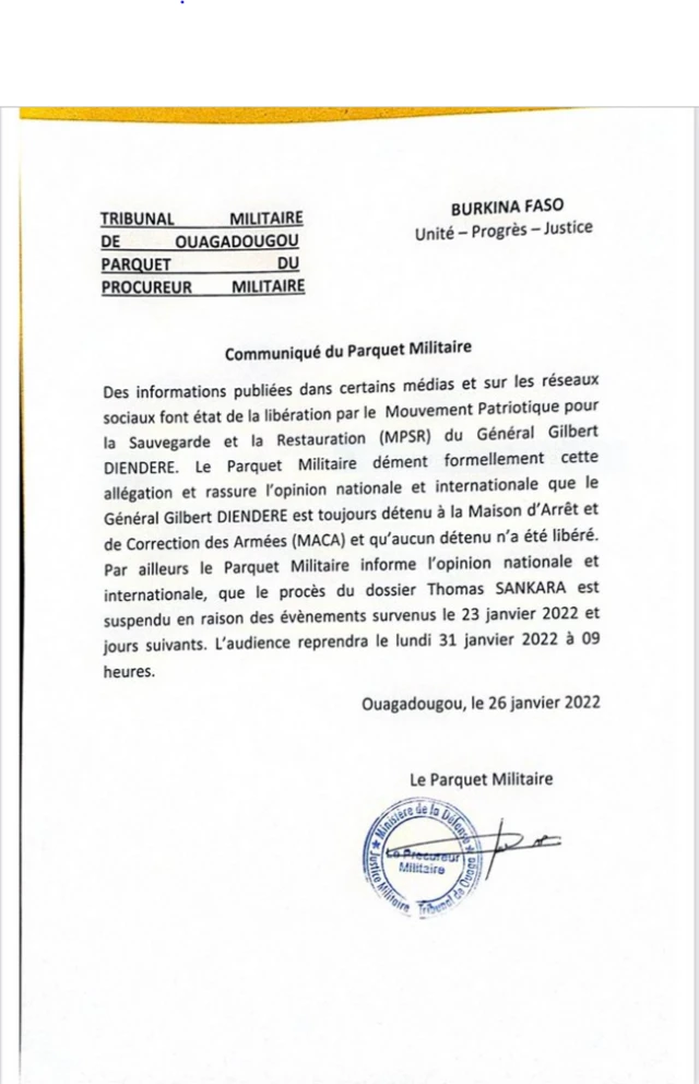 Communiqué du parquet militaire