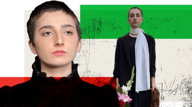 رؤيا بيريي في صورة كولاج وتحمل شعرها المحلوق