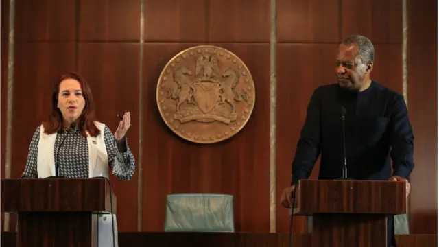 Di outgoing Presido of UN General Assembly Maria Espinosa and Nigeria Foreign Minister Geofrey Onyema