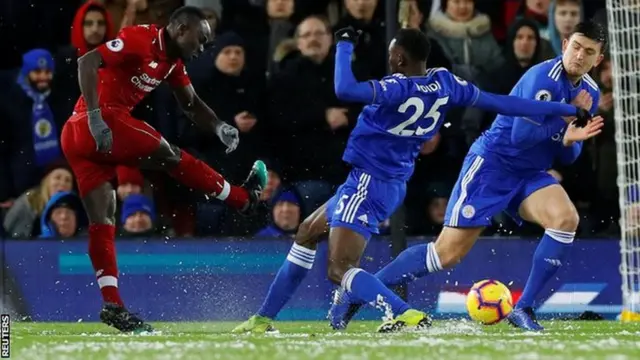 Liverpool's Sadio Mane has a shot during the 1-1 draw with Leicester at Anfield