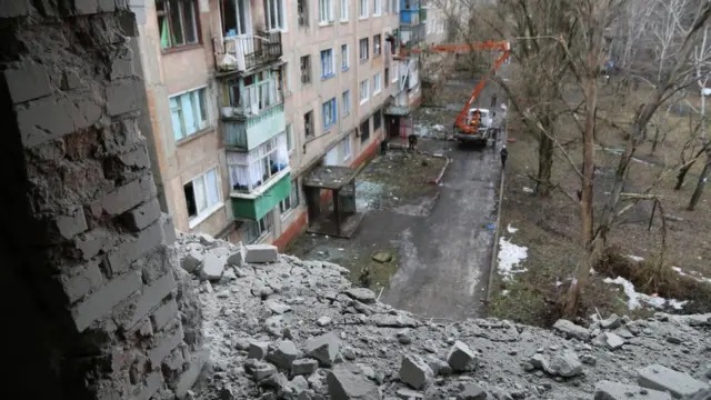A view from a destroyed building after it was allegedly targeted by Ukraine in Horlivka (Gorlovka) city of Donetsk region under the control of pro-Russian separatists, Ukraine on February 25, 2022. (