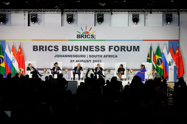 Panel de discusión en el Foro Empresarial de los BRICS 2023 en Sandton el 22 de agosto de 2023.