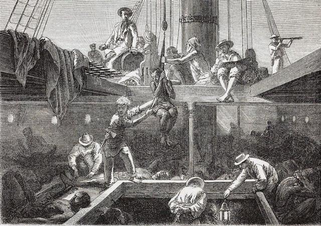 Ilustração mostra interior de um navio negreiro