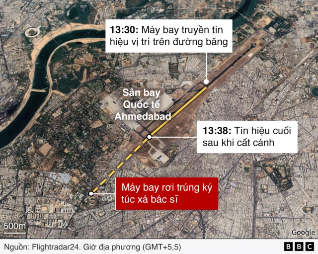Bản đồ vệ tinh hiển thị Sân bay Quốc tế Ahmedabad và khu vực xung quanh. Trên bản đồ có đường nét đứt màu vàng thể hiện lộ trình của một chiếc máy bay. Đường này bắt đầu từ đường băng, nơi có nhãn ghi “13:30: Máy bay lăn bánh ra đường băng.” Đường tiếp tục đi về hướng tây nam, qua nhãn “13:38: Tín hiệu cuối cùng sau khi cất cánh.” Đường kết thúc tại một ô màu đỏ được gắn nhãn “Máy bay rơi vào ký túc xá bác sĩ.” Bản đồ vệ tinh hiển thị Sân bay Quốc tế Ahmedabad và khu vực xung quanh. Trên bản đồ có đường nét đứt màu vàng thể hiện lộ trình của một chiếc máy bay. Đường này bắt đầu từ đường băng, nơi có nhãn ghi “13:30: Máy bay lăn bánh ra đường băng.” Đường tiếp tục đi về hướng tây nam, qua nhãn “13:38: Tín hiệu cuối cùng sau khi cất cánh.” Đường kết thúc tại một ô màu đỏ được gắn nhãn “Máy bay rơi vào ký túc xá bác sĩ.”
