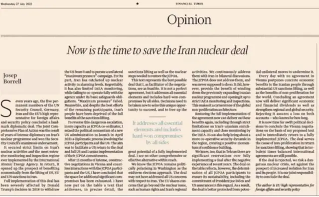 جوزپ بورل اولین بار از طرح پیشنهادی خود با انتشار مقاله ای در روزنامه فایننشال تایمز چاپ لندن خبر داد