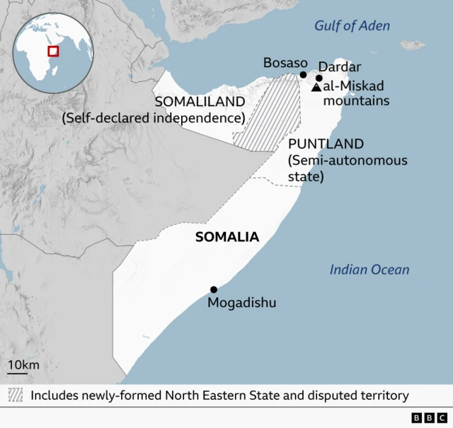 Máàpù tó ń ṣàfihàn ìlà oòrùn Somalia, Puntland, Bosaso, Dardar, orí òkè al- Miskad.