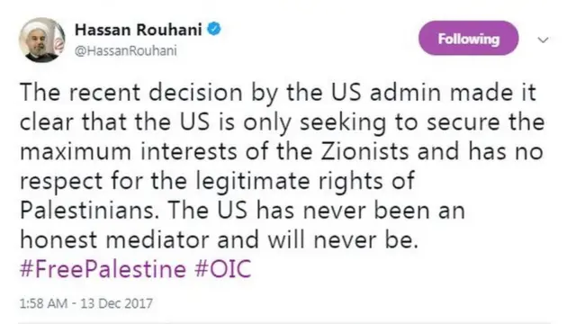 حسن روحانی: تصمیم اخیر دولت آمریکا روشن کرد که آمریکا فقط به دنبال تامین حداکثری منافع صهیونیست‌ها است و این کشور هیچ احترامی برای حقوق قانونی فلسطینی‌ها قائیل نیست. آمریکا هیچوقت میانجی قابل اعتمادی نبوده و نخواهد بود.