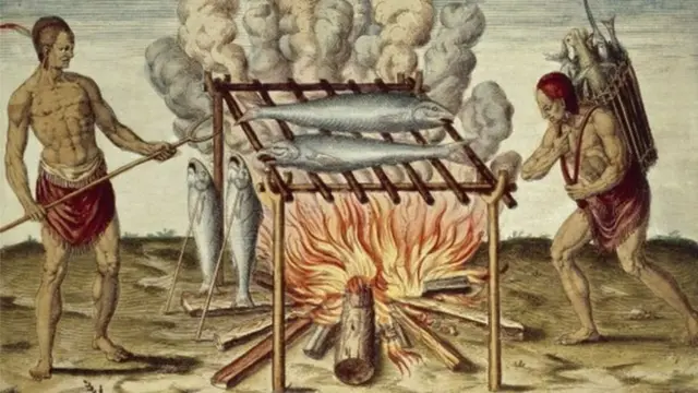 Taínos asando pescado