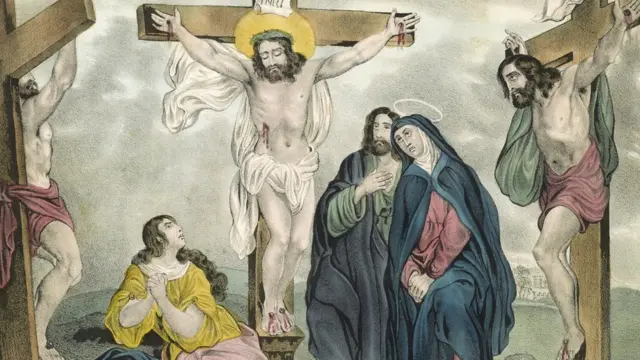 Illustration biblique vintage représentant la crucifixion de Jésus-Christ.