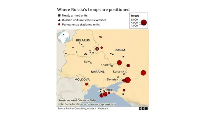ரஷ்ய துருப்புகள் நிறுத்தப்பட்டுள்ளது பகுதிகள் குறித்த வரைபடம்