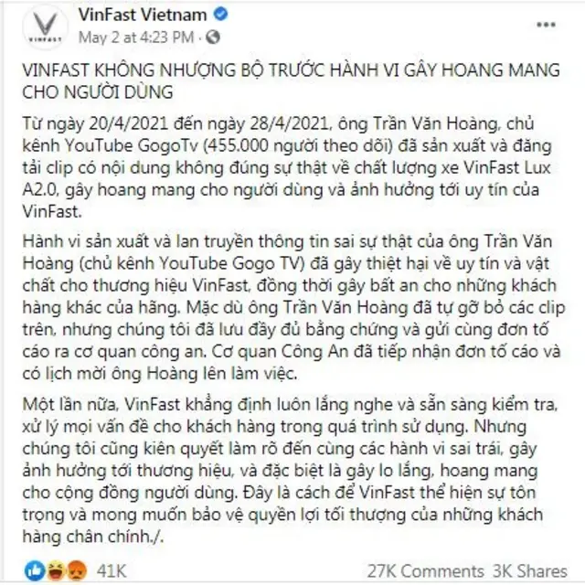 Trang Facebook Vinfast lên tiếng về vụ việc