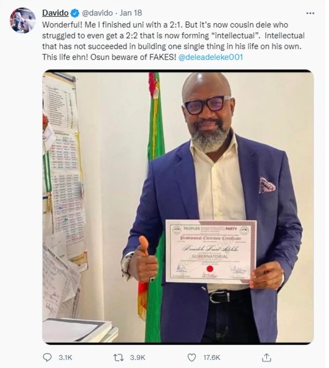 Davido: Why Nigerian singer Davido drag e cousin Dele Adeleke for social media