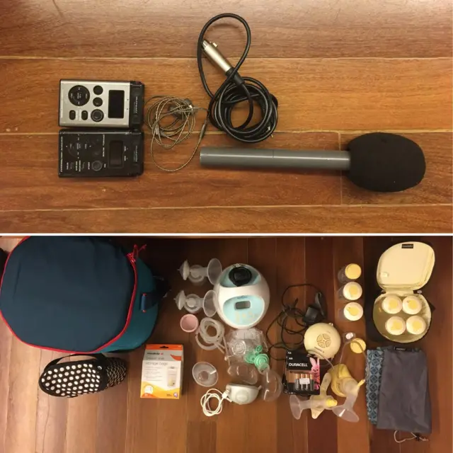 Arriba se ve el equipo de trabajo que usa Watson para grabar sus entrevistas. Abajo, todos los aparatos que necesita para extraerse leche para su hija.