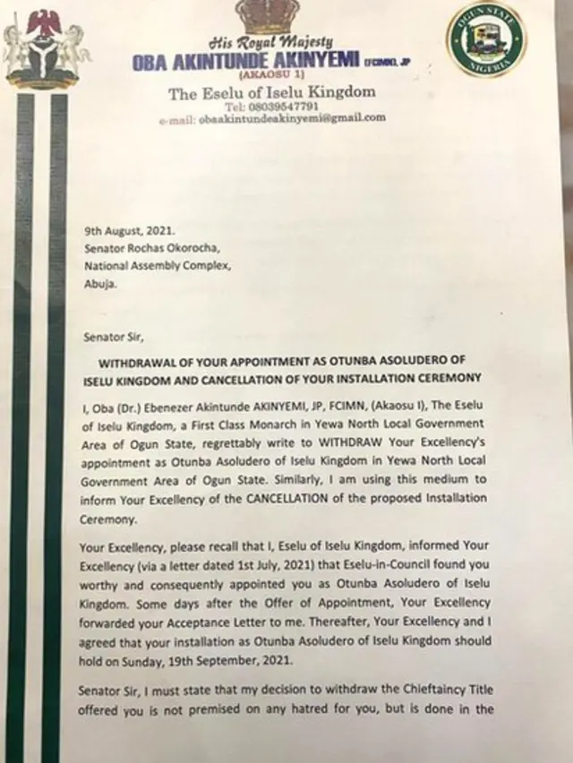 Part of di letter wey Oba Akinyemi use give Okorochas di cancel notice
