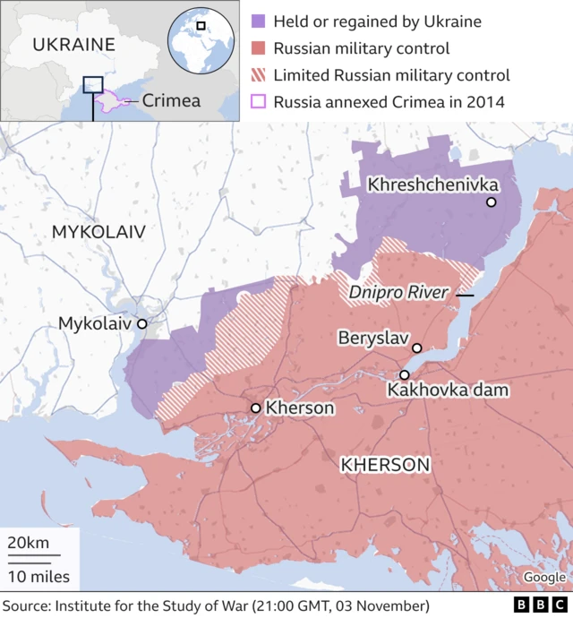 Map showing areas controlled by Ukrainian and Russian forces in and around Kherson