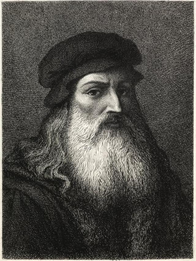 Retrato de Leonardo Da Vinci en blanco y negro.