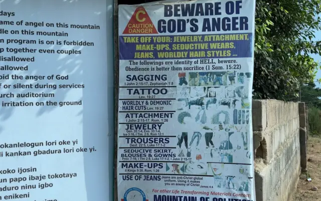 Banner in front of Evangelist Olufunmilayo church wey warn of tins wey fit make you go hell