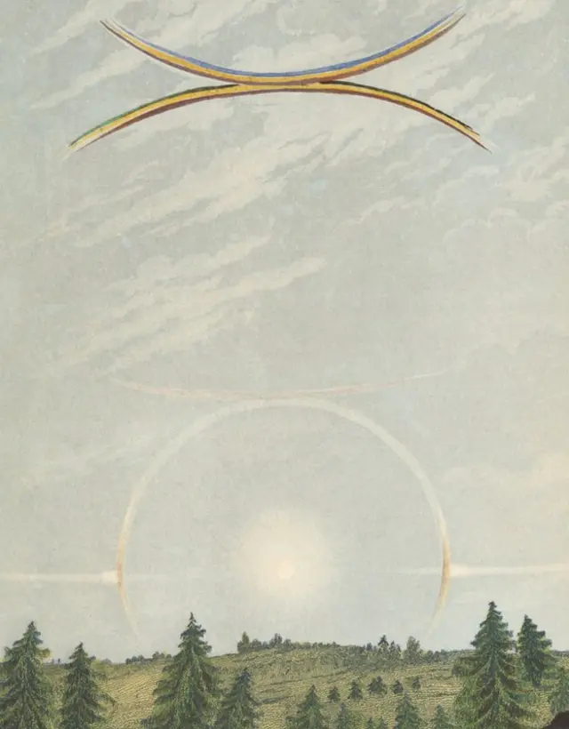 los fenómenos ópticos que resultan de la mezcla de la luz del Sol y cristales de hielo.