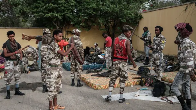 Soldiers of Tigray Defence Force (TDF) prepare to leave for another field at Tigray Martyr's Memorial Monument Center in Mekele, the capital of Tigray region, Ethiopia, on June 30, 2021
