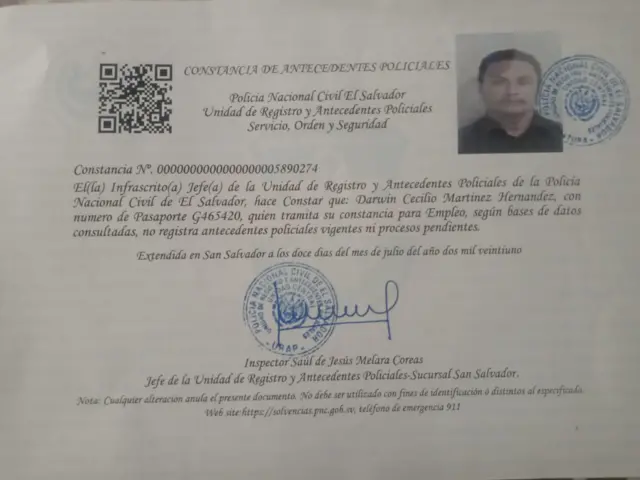 Registro de antecedentes penales de Darwin Martínez.