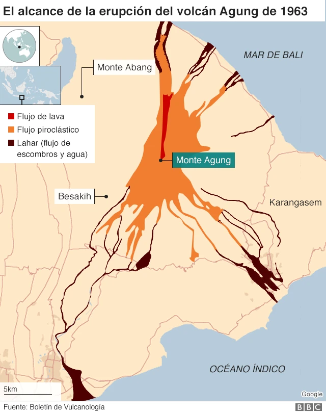 Mapa sobre el alcance de la erupción de 1963