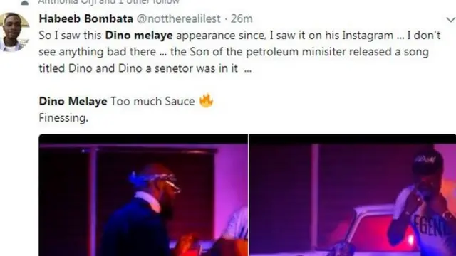 Na ga wannan fitowar ta Dino Melaye tun tuni, na gani a shafinsa na Instagram... ban ga wani abu mara kyau ba a nan.. dan ministan ya fitar da waka mai suna Dino kuma Dino ya fito a ciki