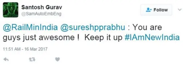 ரயில்வே அமைச்சருக்கு பாராட்டு தெரிவித்த டிவிட்டர் செய்திகள்