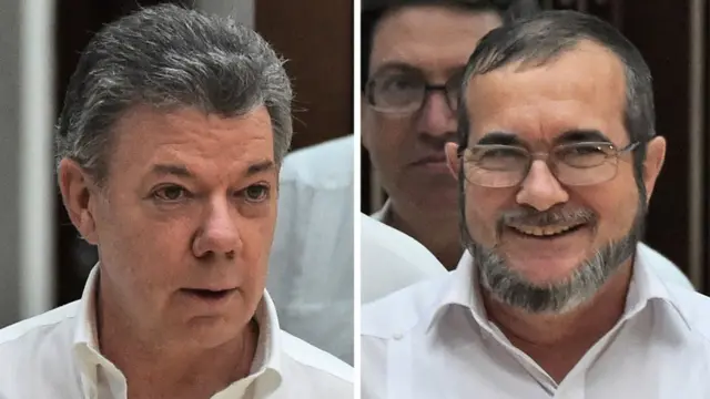 O presidente da Colômbia, Juan Manuel Santos, e o líder guerrilheiro Timoleon Jimenez, o Timochenko