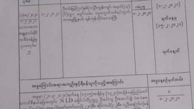 وثيقة الشرطة التي كتبت فيها التهم الموجهة إلى سان سو تشي.