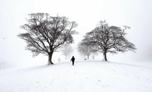 چیشائر میں سٹاک پورٹ کے قریب لیمے پارک میں چہل قدمی کرنے والے برف سے لطف اندوز ہو رہے ہیں۔ یہ تصویر بروس ایڈمس نے لی ہے۔