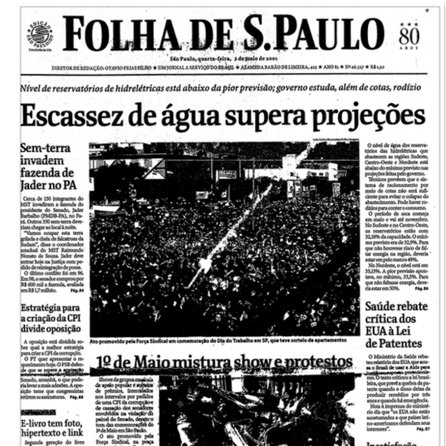 Capa da Folha em maio de 2001: 'Escassez de água supera projeções'