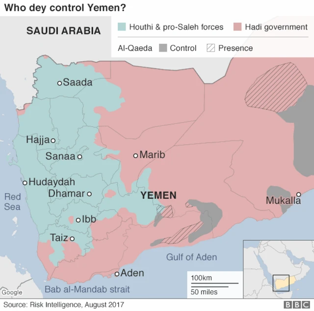 Map showing who controls territory in Yemen