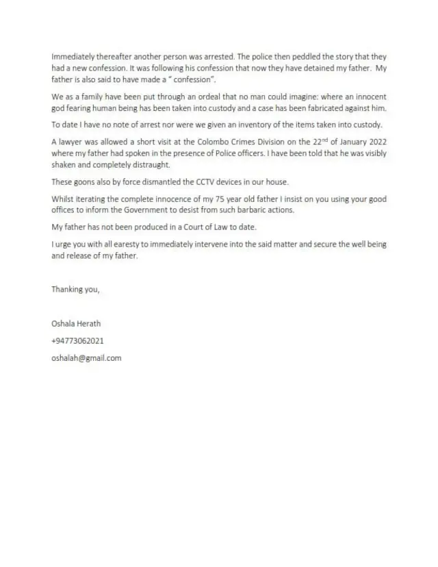 Oshala Herath letter