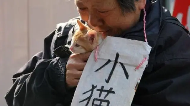 子猫の引き取り手を探す女性