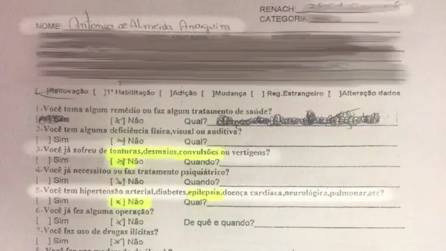 Formulário do Detran preenchido por Antonio de Almeida Anaquim