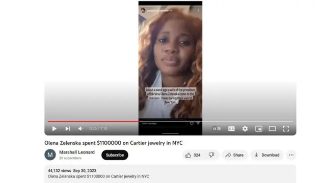 ユーチューブに投稿されたこの動画のスクリーンショット。女性が、オレナ・ゼレンスカ氏がニューヨークで宝飾品を購入したとうそを語った