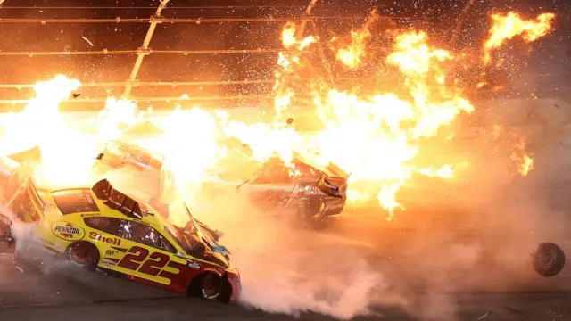 14 February: Joey Logano and Cole Custer are involved in an on-track incident at the Nascar Cup Series Daytona 500 at Daytona International Speedway in Florida