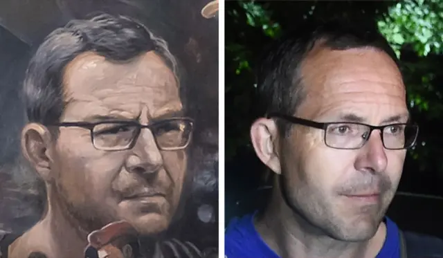 A mural image of John Volanthen on the left side and a photo of John Volanthen on the right side
