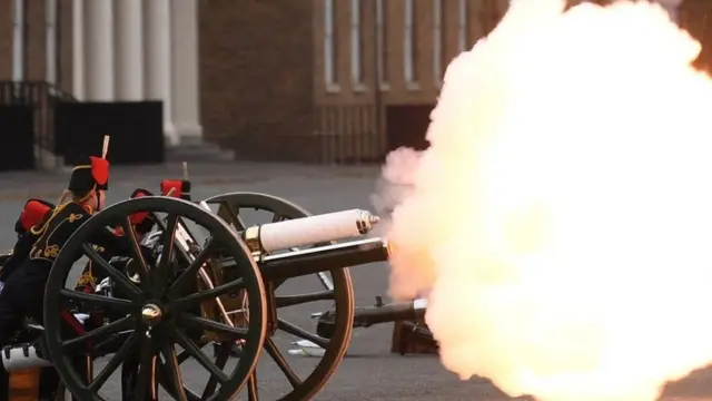 The Death Gun Salute is fired by The Kings Troop Royal Horse Artillery to mark the passing of Britain's Prince Philip, Duke of Edinburgh, at the Parade Ground, Woolwich Barracks in central London on April 10, 2021