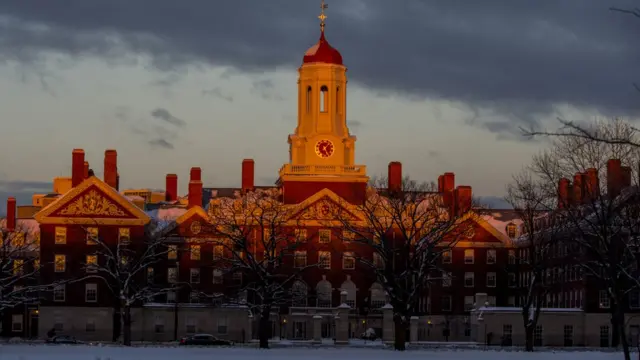 Fotografia colorida mostra o prédiosua apostauma das faculdades da Universidadesua apostaHarvard sob um céusua apostanuvens escuras