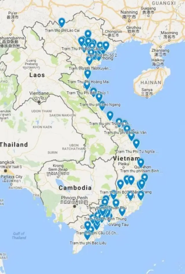 Bản đồ đánh dấu các trạm BOT ở Việt Nam