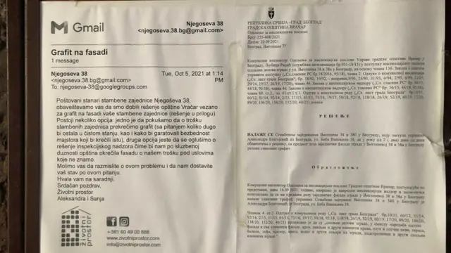 Порука управника зграде станарима (лево), решење комуналне инспекције за уклањање мурала (десно)
