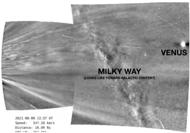 ภาพขยายขณะยาน PSP อยู่ในชั้นโคโรนาของดวงอาทิตย์ เมื่อมองออกไปสามารถเห็นทางช้างเผือกและดาวศุกร์ได้