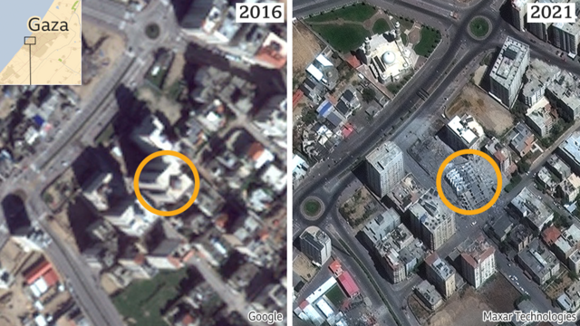 Слева: снимок Google Earth высотки "Ханади" в Секторе Газа (2016). Справа: снимок Maxar этого здания. уже разрушенного, в высоком разрешении (2021)