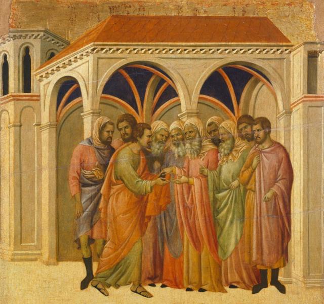 خيانة يهوذا الإسخريوطي للمسيح جدارية في كاتدرائية سيينا في إيطاليا خلال الفترة 1308-1311.