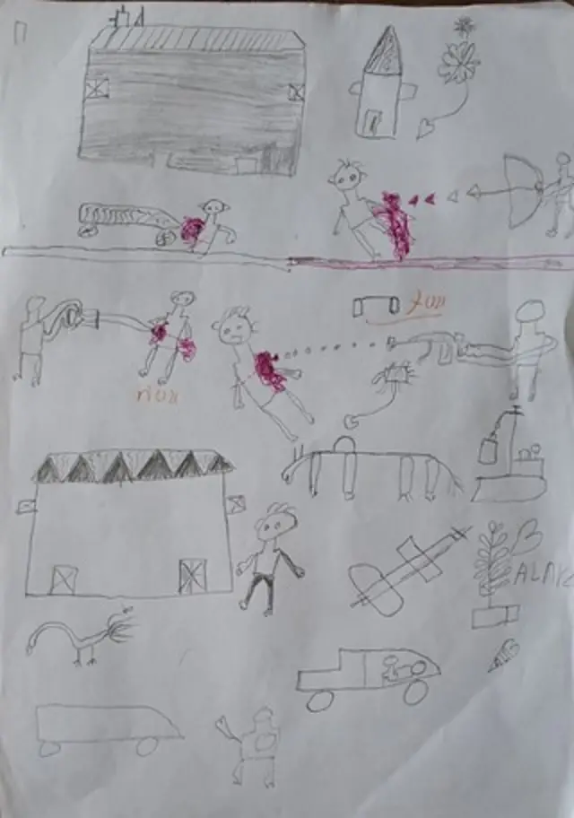 በመጠለያ ውስጥ ያለ አንድ ሕጻን የሳለው ሥዕል